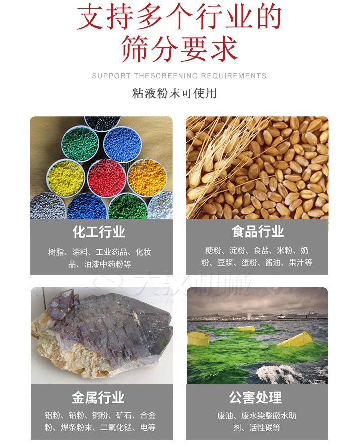 適用于化工行業，食品行業，金屬行業，以及公害處理等行業?；ば袠I：樹脂，涂料，工業藥品，化妝品，油漆，中藥粉等;食品行業：糖粉，淀粉，食用鹽，米粉，奶粉，豆漿，蛋粉，醬油，果汁等;金屬行業：鋁粉，鉛粉，銅粉，礦石，合金粉，焊條粉末，二氧化錳，電等。公害處理：廢油，廢水染整廒水助劑，活性炭等。超聲波振動篩支持挑選定制常見的有：不銹鋼，碳鋼，全不銹鋼三種規格。不銹鋼：耐腐蝕，耐高溫適合化工行業,碳鋼：鋼性強，硬度高經久耐用,全不銹鋼：機身經久耐用不易生銹不易腐蝕超聲波振動篩共有一到四層可供選擇。大漢超聲波振動篩優勢：篩分效率高，篩分精度高，產量可提高0.5-10倍適用于：大米，米粉，綠豆，小米等。輕松解決堵網問題適用10目-635目之間的物料。