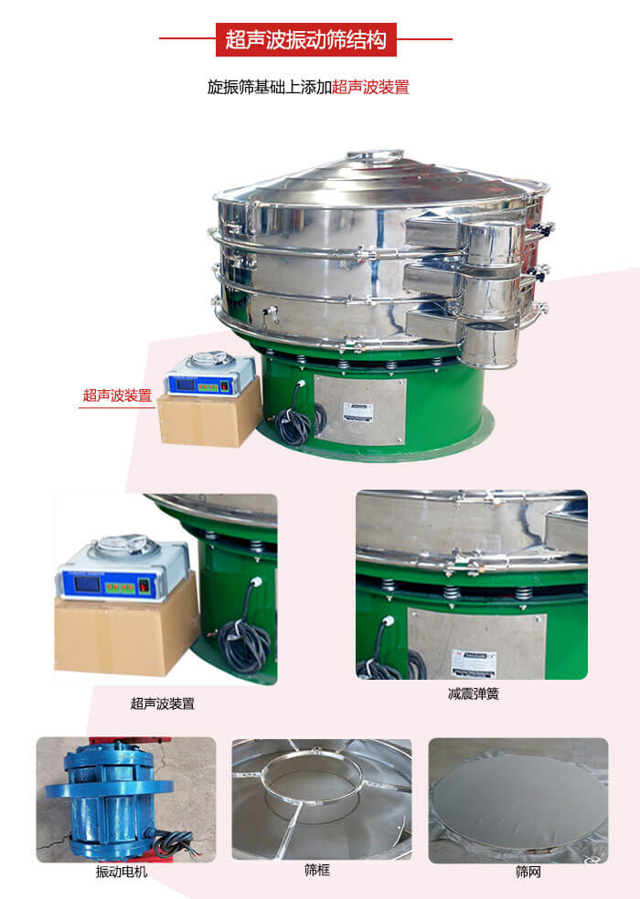 圓篩機(jī)內(nèi)部結(jié)構(gòu)：主要由振動(dòng)電機(jī)、篩框、篩網(wǎng)、超聲波系統(tǒng)、減震彈簧等展示圖