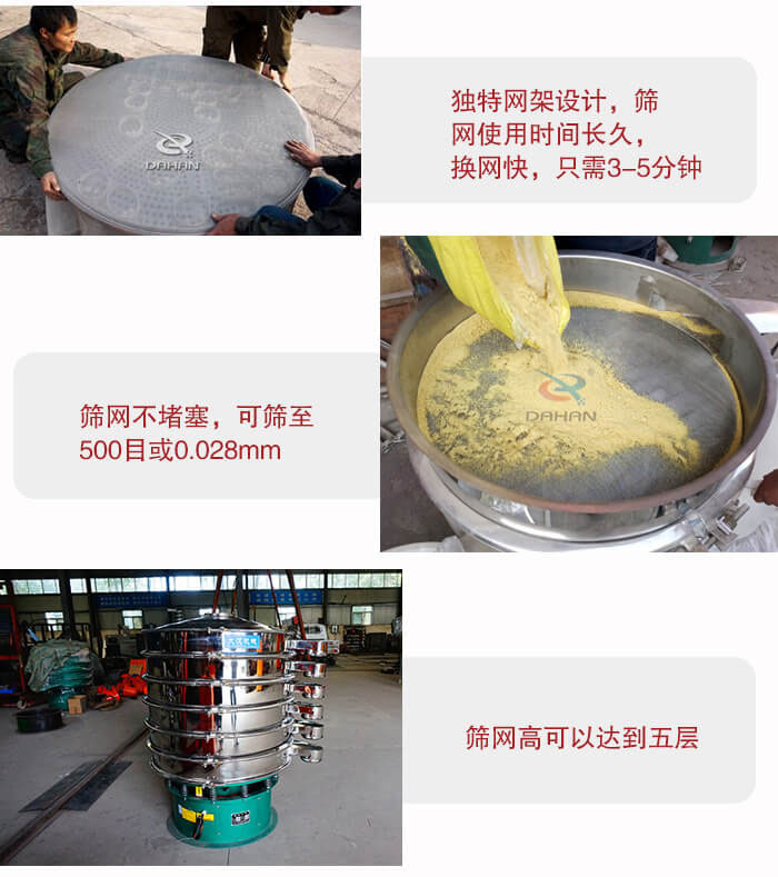 三次元振動(dòng)篩的特點(diǎn)：篩網(wǎng)使用時(shí)間長換讓時(shí)間短，篩網(wǎng)不堵塞，可篩至500目或0.028mm。