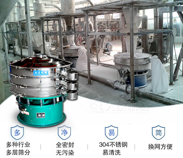 多種行業多層篩分采用全密封結構，無污染。304不銹鋼材質易清洗。同時換網方便。