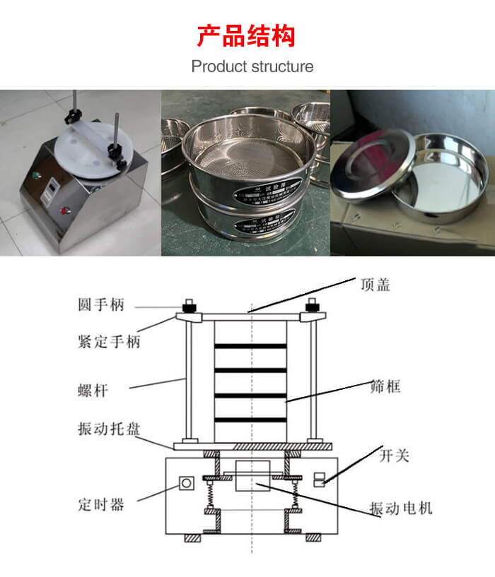 實(shí)驗(yàn)室振動(dòng)篩-試驗(yàn)篩結(jié)構(gòu)主要由：圓手柄，緊定手柄，螺桿，振動(dòng)托盤，篩框，頂蓋等。